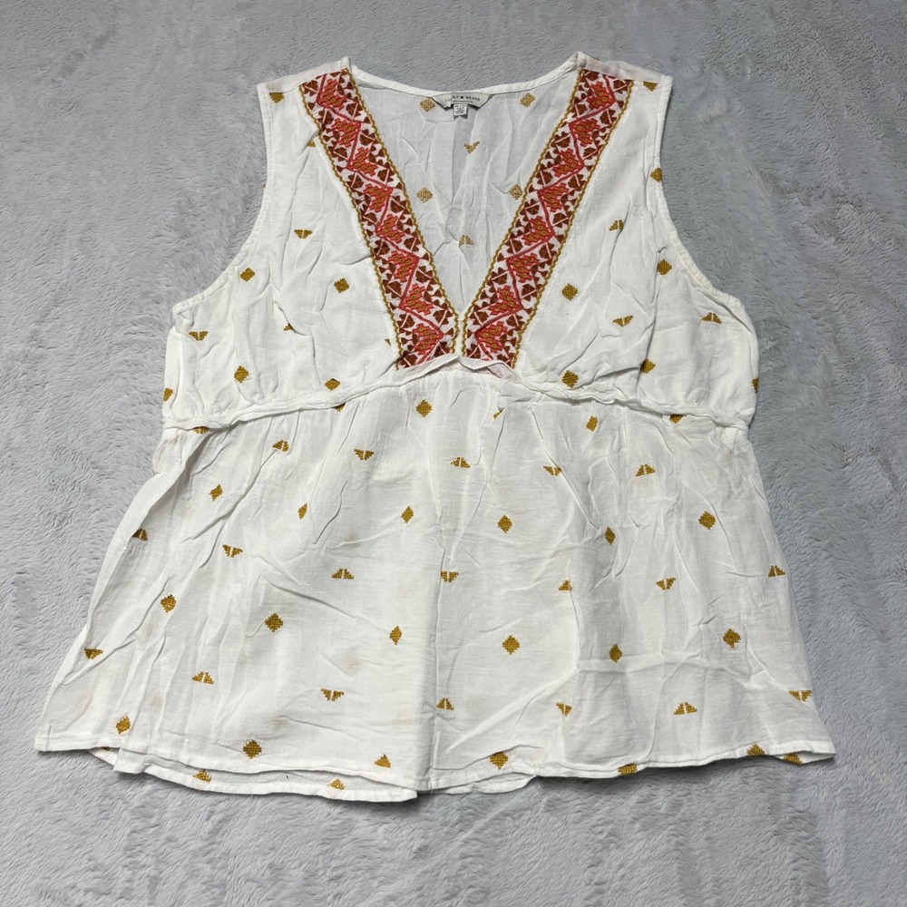 Lucky Brand Tank Top Womens XL White Embroidered Boho Peplum V-Neck